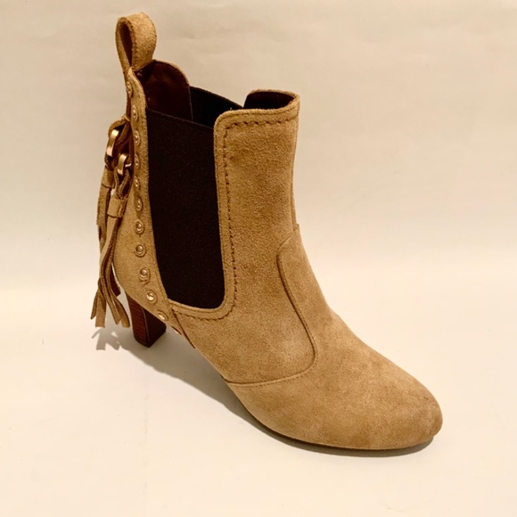 See by Chloé Medium Beige Tan Suede Tasseled Studded Bootie Nude Ankle Boot 36.5 - Picture 8 of 11